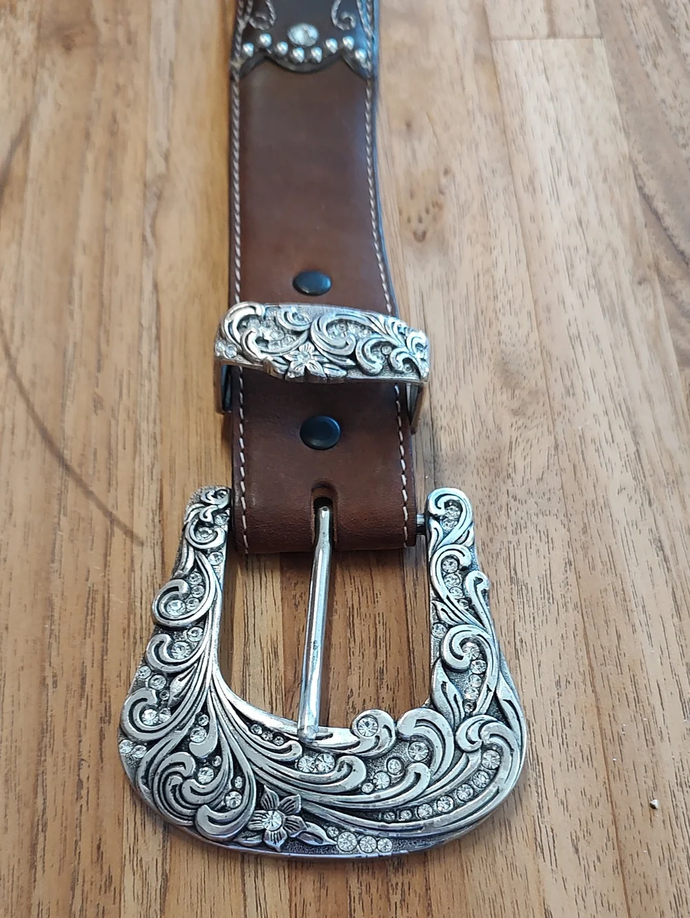 Tony Lama Leather Western Cowgirl Tooled Rhinestone Brown Bling Belt SZ: 32